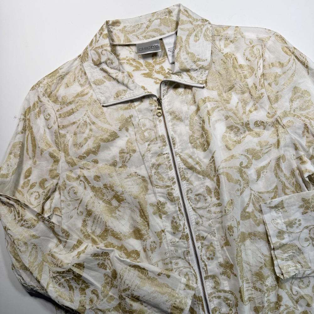 Chicos Lightweight Full Zip Jacket White Gold Stamped Floral Print M
